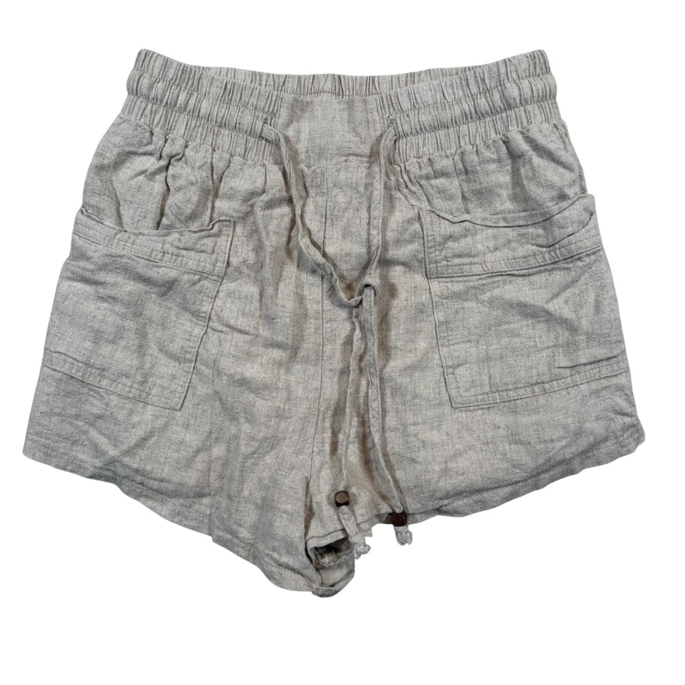 Drawstring Linen Polyester Lined Shorts High Waist Casual Summer Beige Size‎ S